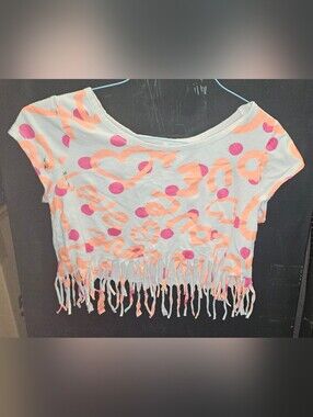 Justice Girls White Fringe Crop Tee with Pink Polka Dots & Peach Hearts Size 10